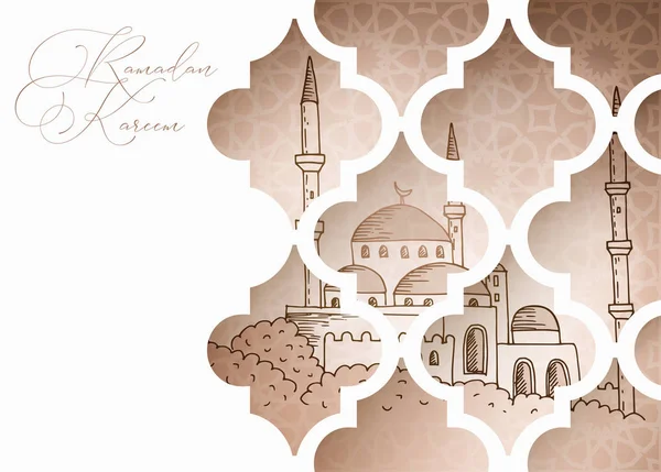 Üdvözlőlap, meghívó a muszlim ünnep Ramadan Kareem. Kézzel rajzolt mecset a dísz Arab ablakon. Vonalas látványterv. Vektoros illusztráció háttér, dekoratív minta. — Stock Vector