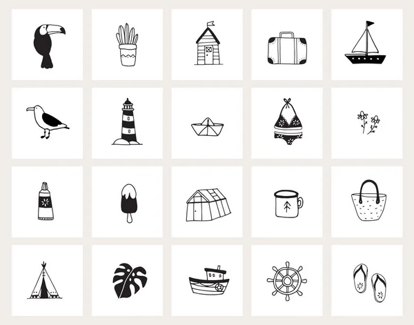 Conjunto de iconos dibujados a mano de la web doodle. Arte de línea. Verano, vacaciones, concepto de viaje. Diseño blanco y negro. Ilustraciones vectoriales aisladas, bocetos. Animales, plantas, alimentos, bebidas y objetos de estilo de vida . — Archivo Imágenes Vectoriales