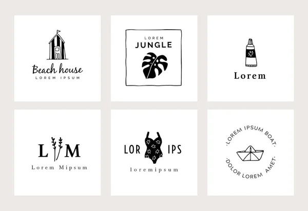 Set of hand drawn minimal logo templates. Food, drink and travel concept. Business branding identity. Isolated symbols. Simple and elegant icons collection. Vector illustrations. Retro design. — Stock Vector