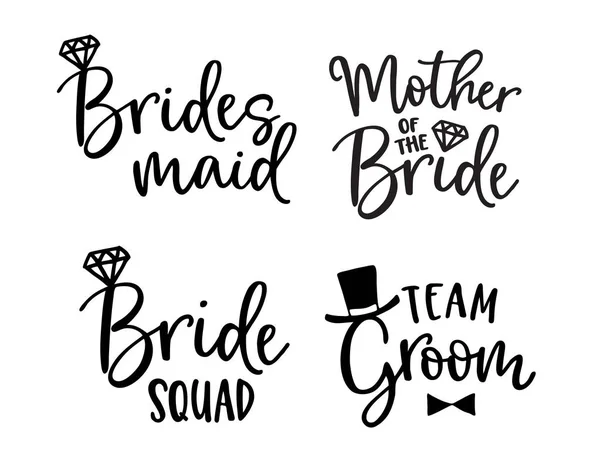 Wedding lettering set. Black hand lettered quotes with diamond rings for greeting cards, gift tags, labels. Typography collection. Love concept. Isolated vector illustrations. Broom and bride design. — Stock Vector