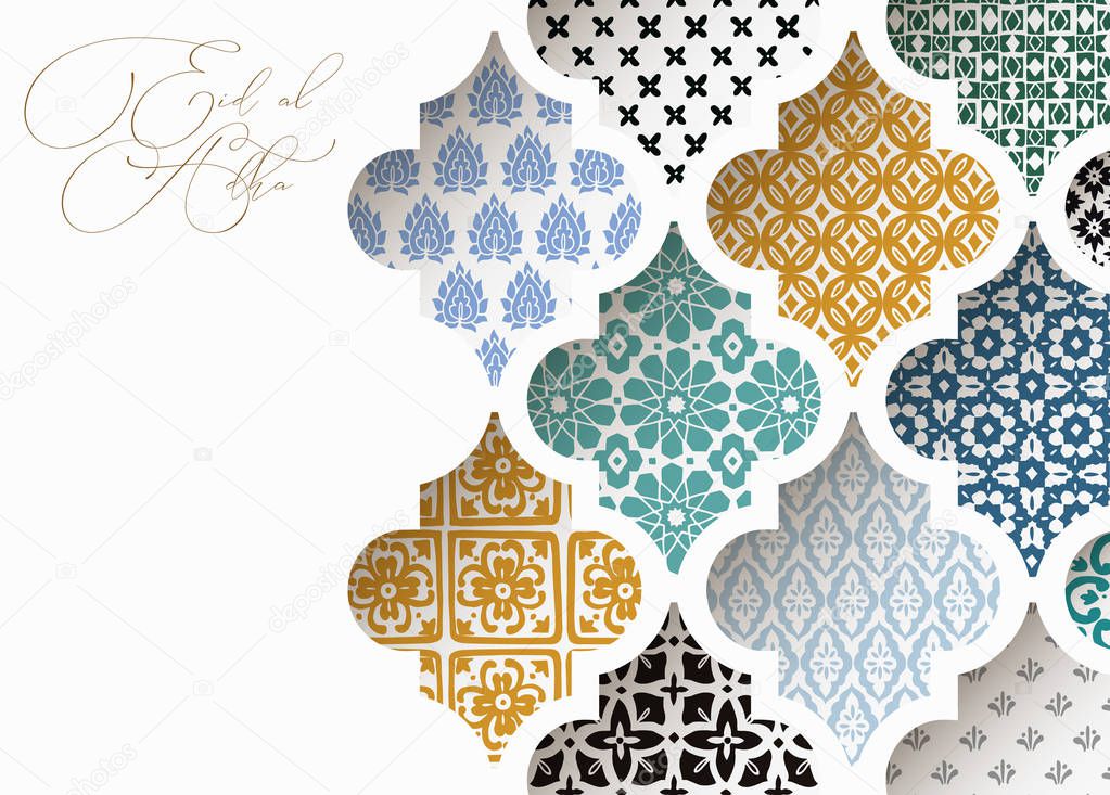 Muslim holiday Eid al Adha greeting card. Close-up of colorful ornamental arabic tiles, patterns through white mosque window. Ramadan invitation. Vector arabesque illustration bacground, modern design