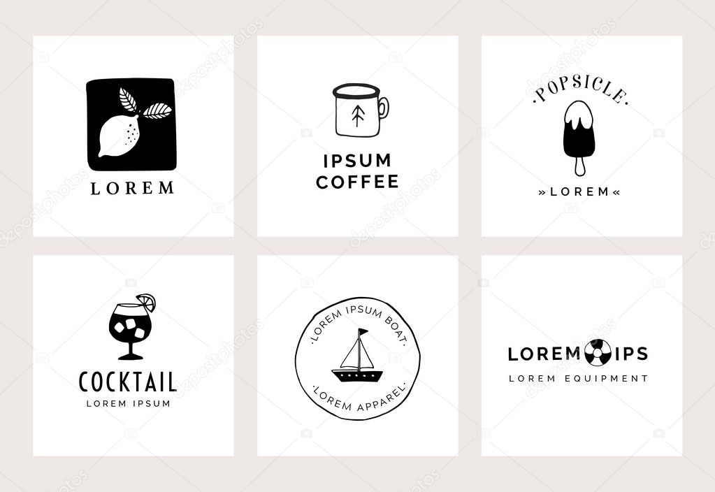 Set of hand drawn minimal logo templates. Food, drink and travel concept. Business branding identity. Isolated symbols. Simple and elegant icons collection. Vector illustrations. Retro design.
