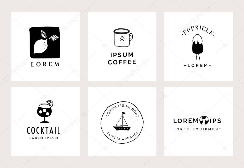 Set of hand drawn minimal logo templates. Food, drink and travel concept. Business branding identity. Isolated symbols. Simple and elegant icons collection, vector illustrations. Retro design.