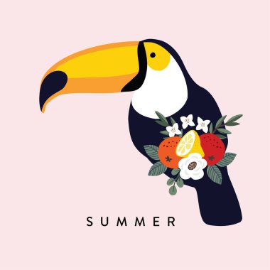 Yaz tropikal tebrik kartı, davetiye. Zeytin, okaliptüs yaprakları, portakal, limon meyve ve çiçek ile Toucan kuş. Vektör illüstrasyon arka plan, düz tasarım.
