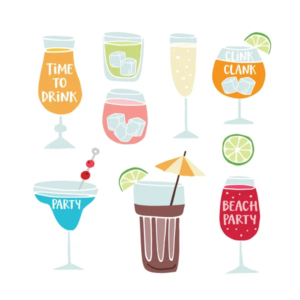 Collection of hand drawn alcoholic drinks, cocktails with lettering quotes. Summer holiday, anniversary, beach party and celebration concept. Isolated vector object, icons. — Stock Vector