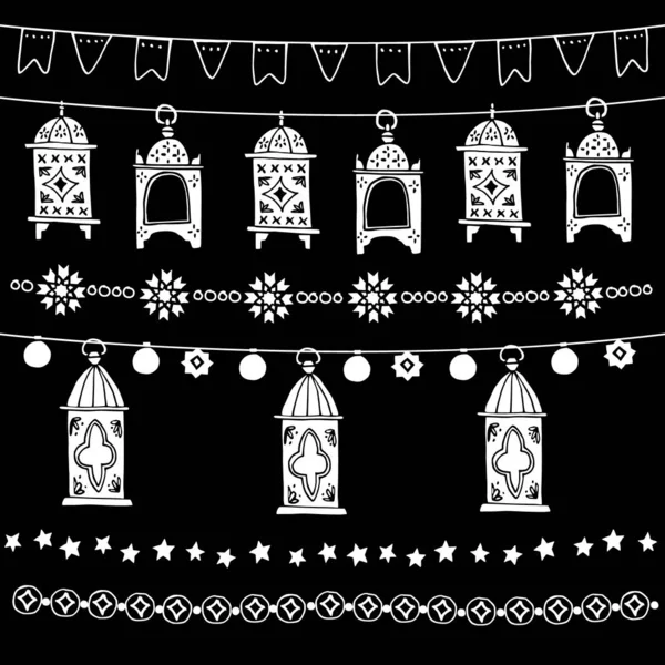 Készlet Doodle girlands, keretek Arab dísz, sármány zászlók, csillagok és kézzel rajzolt lámpások. Party dekoráció. Izolált vektor kréta elemek, határok táblára. Ramadan Kareem tervezés. — Stock Vector