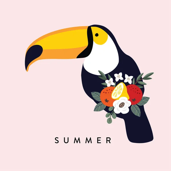 Zomer tropische wenskaart, uitnodiging. Toucan vogel met olijf, Eucalyptus bladeren, sinaasappelen, citroen fruit en bloemen. Vector illustratie achtergrond, plat ontwerp. — Stockvector