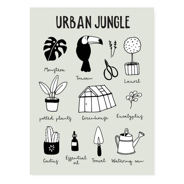 여름 인사말 카드, 도시 정글 포스터입니다. 열대 식물, 괴물, 에큐칼립투스 잎, 온실, 화분 및 원예 장비와 함께 손으로 그리는 큰 부리새. 귀여운 고립 벡터 개체. — 스톡 벡터