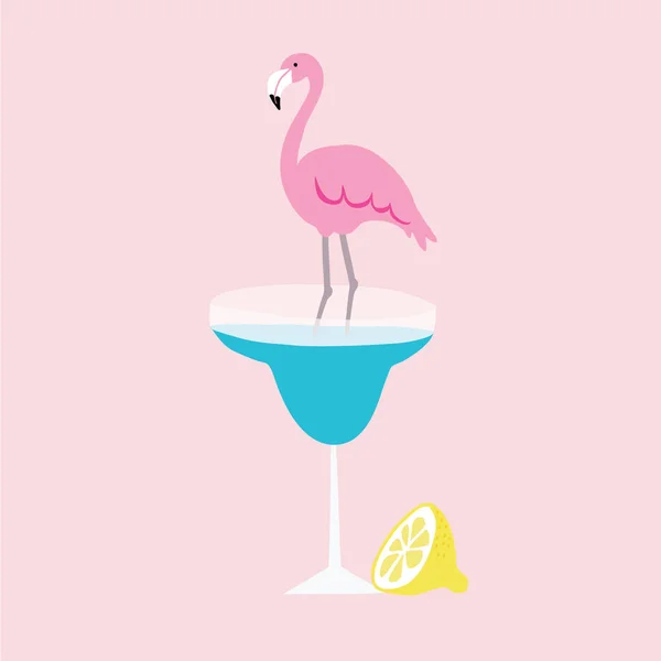 Summer greeting card, invitation. Hand drawn lemon fruit and pink flamingo bird standing in margarita cocktail drink. Vector illustration background. Modern flat design. — Stock Vector