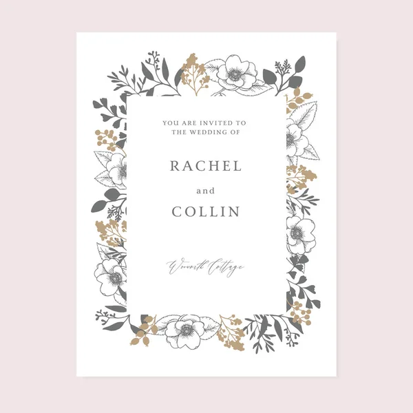 Wedding invitation, save the date card. Floral frame made of roses flowers, berries and eucalyptus leaves and branches. Elegant floral engraving, vintage design. Vector illustration background. — Stock Vector