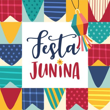 Festa junina, Sao Joao tatili. Brezilya haziran partisi tebrik kartı, davetiye. El çizilmiş renkli kiraz kuşu bayrakları ile modern soyut arka plan. Yaz ortası vektör illüstrasyonu.