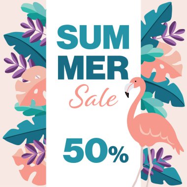 Yaz indirimi, 50 kapalı poster şablonu. Flamingo kuşu, tropik palmiye ve monstera yaprakları. Modern düz orman tasarımı. İş promosyon konsepti. Web afişi, vektör çizim arka planı.