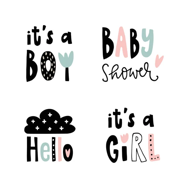 Set of hand drawn baby shower texts. Scandinavian style childish posters. Hand letterings for greeting cards, invitations, nursery, kids apparel. Vector illustration background. Calligraphy. — Stock Vector