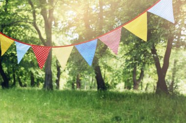 Renkli kiraz kuşu bayrakları parkta asılı. Yaz bahçesi partisi. Açık doğum günü, düğün dekorasyonu. Yaz ortası, festa junina konsepti. Seçici odak. Bulanık çimenler ve ağaçlar. Gün batımı sisi.
