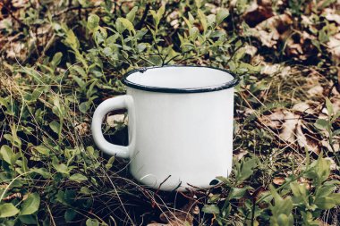 Yaban mersini çalılar ve meşe yaprakları arasında orman zemin üzerinde metal kupa yakın. Açık hava çayı, kahve zamanı. Beyaz mine fincan Mockup. Yaşam tarzı dinlenmek, trekking ve kamp konsepti.