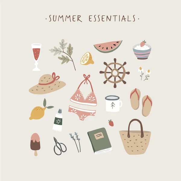 Ευχετήρια κάρτα για το καλοκαίρι. Σετ χαριτωμένο lifestyle διακοπών και εικόνες φαγητού. Μπικίνι μαγιό, λουλούδι λεβάντας, ψάθινο καπέλο, σαγιονάρες, λεμόνια και φρούτα καρπούζι. Vintage επίπεδη σχεδίαση. Απομονωμένες — Διανυσματικό Αρχείο