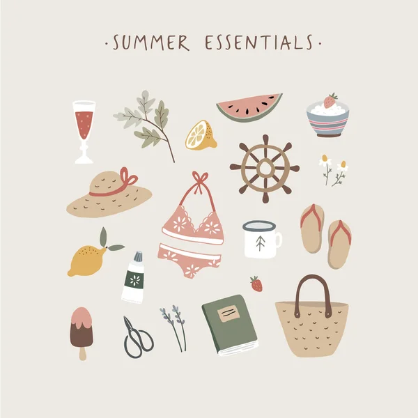 Zomer Essentials wenskaart. Set van leuke vakantie lifestyle en voedsel iconen. Bikini badmode, lavendel bloem, strohoed, flip-flops, citroenen en watermeloen fruit. Vintage plat ontwerp. Geïsoleerd — Stockvector