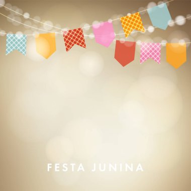 Festa junina, Brezilyalı Haziran partisi tebrik kartı, davetiye. Latin Amerikan tatili. Bayrakların, fenerler, renkli evler ve havai fişek çelenkler. Vektör illüstrasyonları, düz tasarım, dokulu