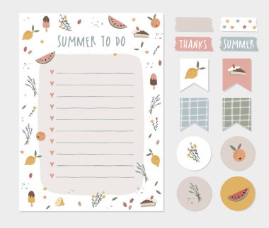 Yaz dilek, liste, renkli Scrapbooking çıkartmalar, Etiketler, bantlar ve hediye etiketleri yapmak. Sevimli Kırtasiye, Planlayıcı şablon seti. Trendy tatil konsepti. Öğe. İzole vektör nesneleri, grafik elemanları