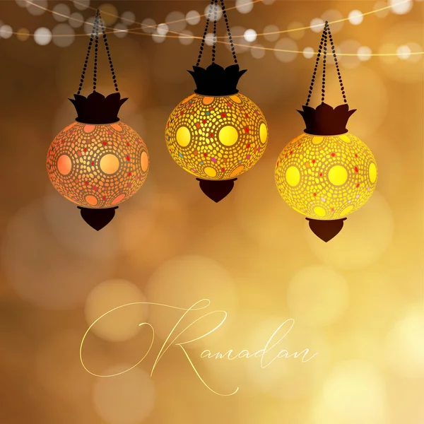 Penduradas lanternas decorativas brilhando à noite. Cordas de luzes bokeh. Cartão de felicitações, convite para as férias muçulmanas Ramadan Kareem, Eid-ul-Fitr. Festivo dourado desfocado vetor ilustração fundo —  Vetores de Stock