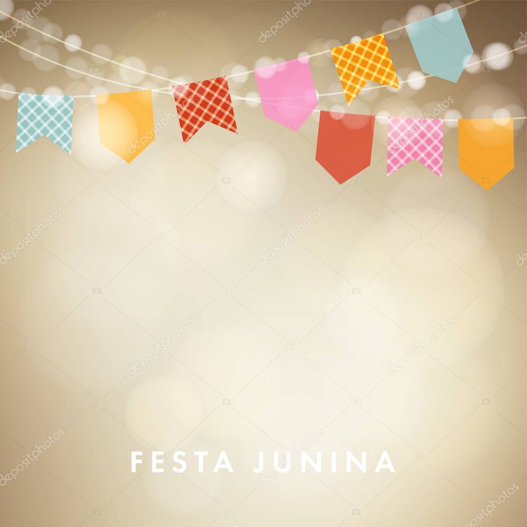 Festa junina, Brazilian june party greeting card, invitation. Latin American holiday.Garland of bunting flags, lanterns, colorful houses and fireworks. Vector illustrations, flat design, textured