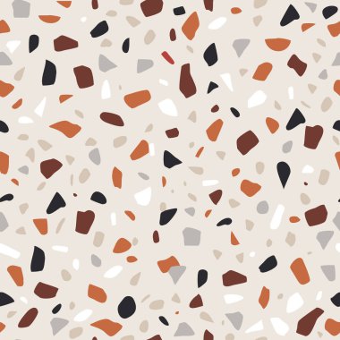 Modern terrazzo dikişsiz desen. Dekoratif granit taş doku. Marka, tekstil, hurda, duvar kağıtları için doğal renklerde el yapımı tekrar fayans tasarımı. Vektör çizim arka planı