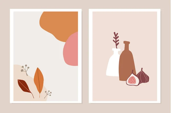 Jogo na moda de cartões de saudação queda, convites. Fruta de figo, folhas de outono coloridas e vaso. Formas geométricas abstratas. Desenhos minimalistas modernos, arte da parede, cartazes. Ilustrações vetoriais planas . — Vetor de Stock