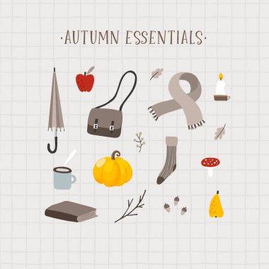 Sonbahar ın temelleri. Kahve, yaprak, meyve, kırtasiye ve kabak ile sevimli el çizilmiş sonbahar yiyecek, içecek, moda ve yaşam tarzı simgeleri ayarlayın. Şükran Günü tasarımı. Yalıtılmış vektör nesneleri, düz tasarım.