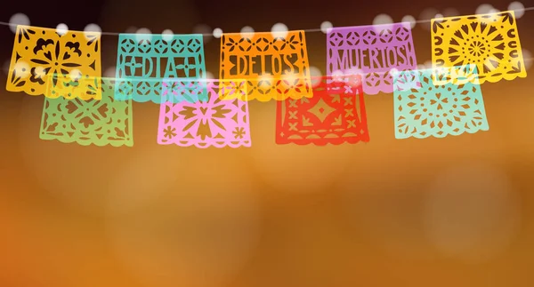 Dia de los Muertos, banner web del Día de los Muertos Mexicano. Tarjeta de Halloween, invitación. Cadena de luces y guirnalda de banderas de banderines de fiesta de corte de papel colorido. Fondo borroso, vector . — Archivo Imágenes Vectoriales