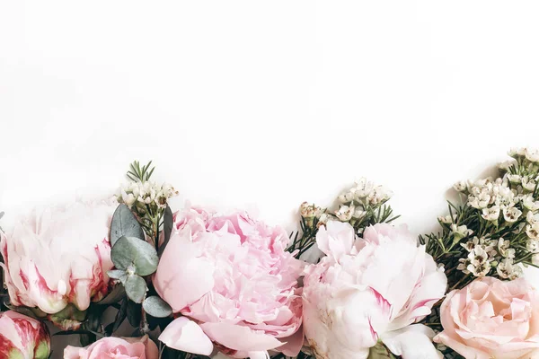 Bannière décorative en toile faite de belles pivoines roses, rosies et eucalyptus isolés sur fond blanc. Composition du cadre floral féminin. Photo de stock stylisée.Espace vide. Couché plat, vue du dessus . — Photo