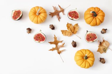 Sonbahar, olgun mor incir sonbahar kompozisyon. Meyve, kabak, renkli akçaağaç ve meşe yaprakları ve meşe palamudu beyaz masa arka plan izole. Dekoratif çiçek köşesi. Düz yatıyordu, üstten bak. Hasat.
