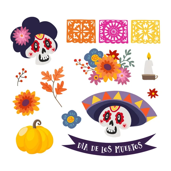 Dia de Los Muertos isolé des objets vectoriels graphiques.. Jour mexicain des morts. Crâne décoratif avec chapeau sombrero, calavera catrina, drapeaux coupés, citrouilles, feuilles et fleurs. Automne, Halloween design . — Image vectorielle