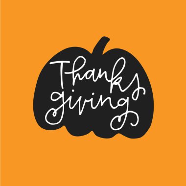 Şirin bir Şükran Günü tebrik kartı, elle çizilmiş siyah balkabağı silueti ve beyaz el yazısıyla yazılmış metin. Vektör çizimi. Turuncu sonbahar, sonbahar arkaplanı.