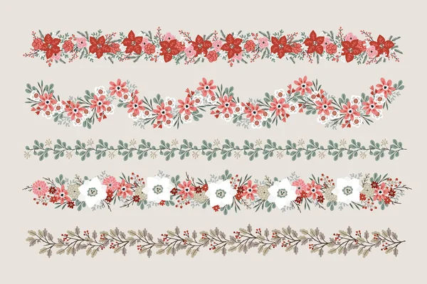 Set of Christmas floral borders, strings, garlands or brushes. Party decoration with fir, oak and eucalyptus tree branches, poinsettia, roses, narcissus flowers and holly berries. Isolated vectors. — Stock Vector