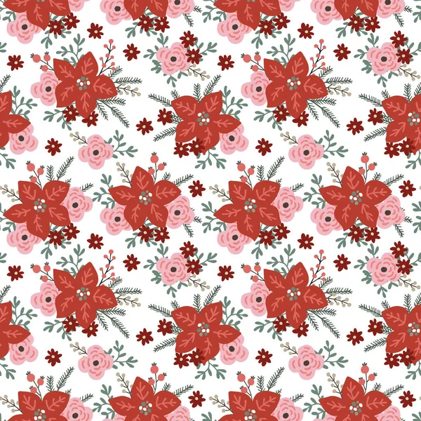 Beautiful Christmas seamless pattern with poinsettia flowers, red berries, fir tree branches on white background. Winter floral design for wrapping paper, srapbooking, textile. Vector illustration. — Stock Vector