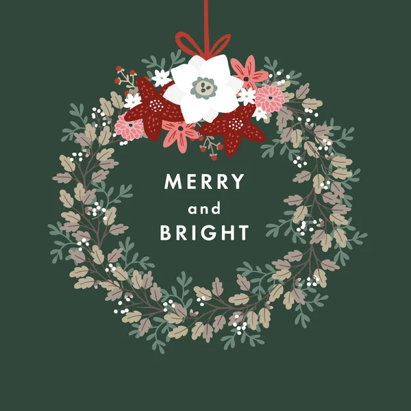 Merry and Bright kerstkaart, uitnodiging. Opknoping advent krans gemaakt van witte bessen, eiken takken en rode poinsettia bloemen. Bloemenslinger, winterversiering. Vectorillustratie. — Stockvector