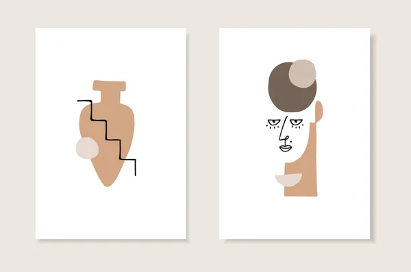 Ensemble vectoriel de modèles artistiques, invitations. Illustrations de portraits féminins et silhouette de vase dans un style linéaire minimal. Art cubiste moderne aux formes abstraites. Concept beauté et mode. — Image vectorielle