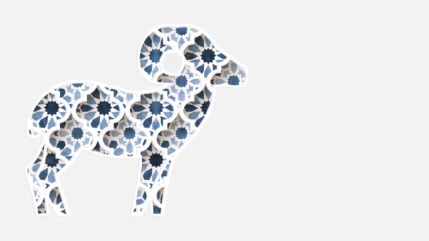 Перемещение традиционного синего арабического рисунка с геометрическими звёздами, арабеска через белый силуэт орнаментальных овец. Белый фон. Рамадан, графическая анимация Ид уль-Адха, петляющий исламский дизайн . — стоковое видео