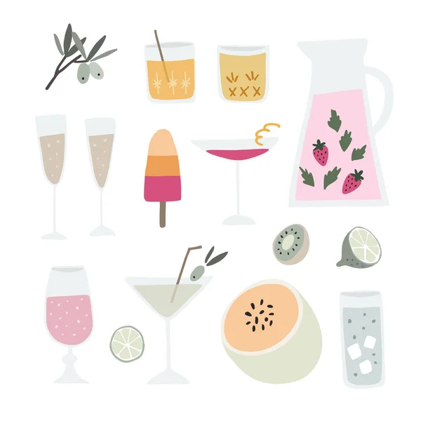 Collection of hand drawn alcoholic drinks, cocktails and fruit. Summer holiday, beach party and celebration. Isolated vector object, icons. Flat design. Watermelon, strawberry and olive tree branches. — Stock Vector