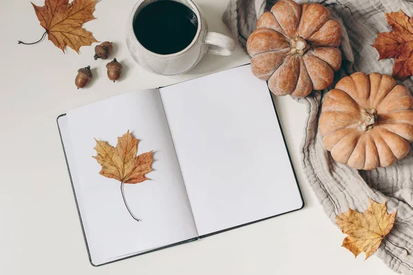 Autumn breakfast composition. Blank open notepad, diary mockup. Cup of coffee, pumpkins, plaid, maple leaves and acorns. Muslin table cloth background. Thanksgiving, Halloween. Flat lay. Top view.