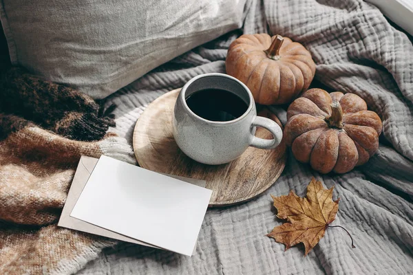 Autunno composizione in stile femminile. Autunno colazione natura morta. Scheda di auguri in bianco scena mock-up con tazza di caffè, coperta di lana, foglia d'acero e zucche. Sfondo tovaglia di cotone. Ringraziamento. — Foto Stock