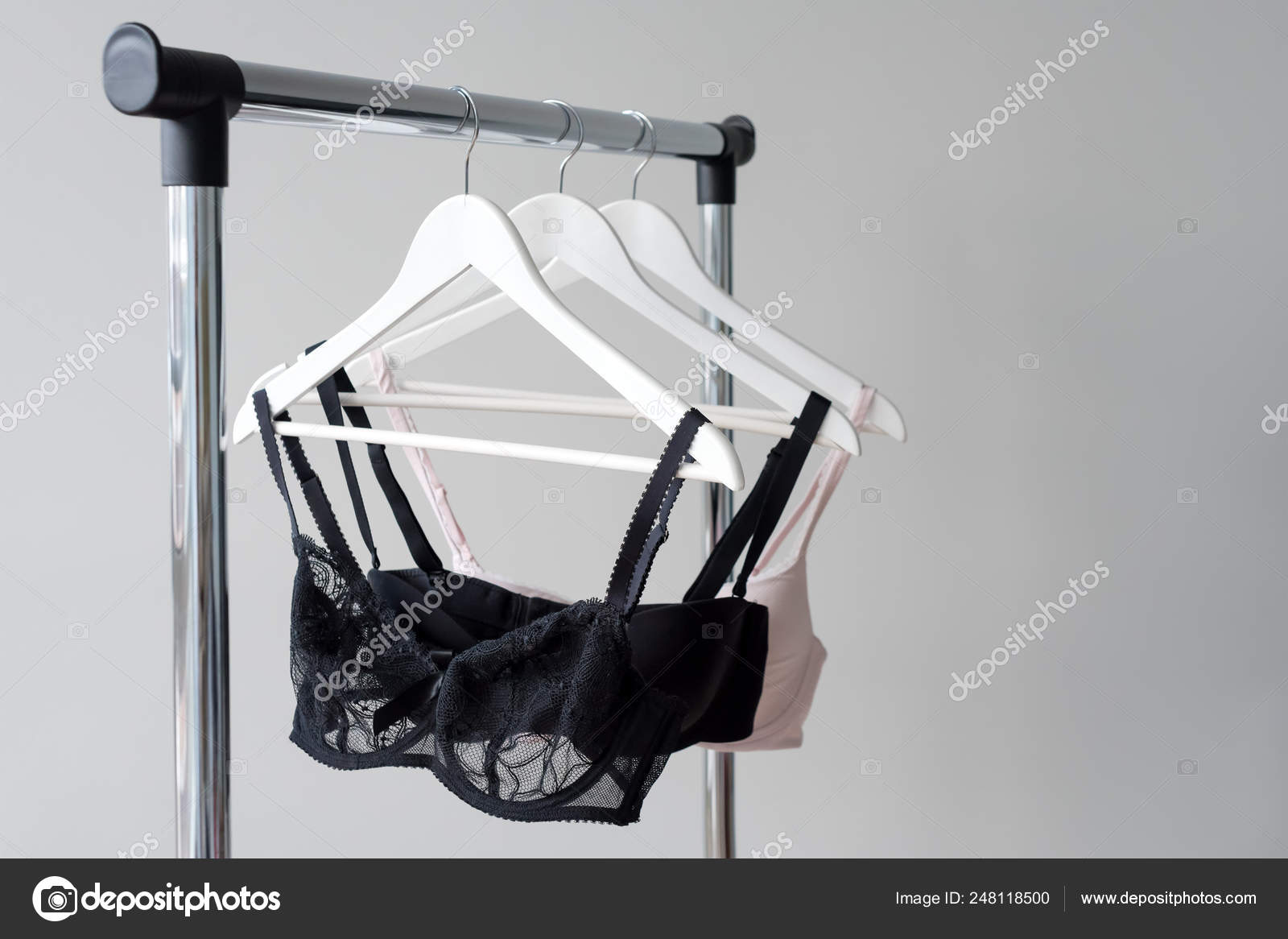 Vareity of bra hanging on a hanger. Textile, Underwear. Female bra