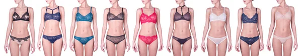 Sexy women in beautiful lingerie. Different underwear styles. Woman wearing different sets of underwear, collage of photos — Stock Photo, Image