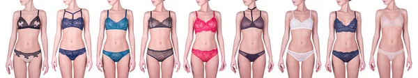 Mulheres sexy em lingerie bonita. Diferentes estilos de roupa interior. Mulher vestindo diferentes conjuntos de roupa interior, colagem de fotos — Fotografia de Stock