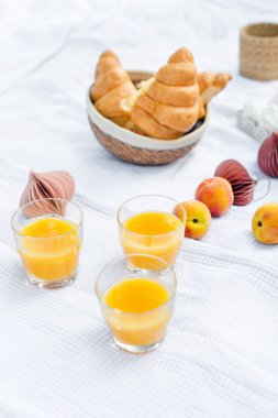 Sağlıklı yaz pikniği yeşil çimenlerin üzerinde beyaz kumaş üzerinde ay çöreği, taze meyve suyu ve meyve suyu ile hazırlandı. Bahçedeki açık hava partisi.