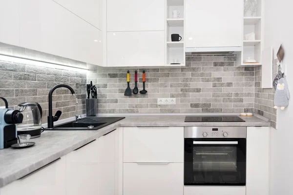 Modern white kitchen interior. Contemporary interior with loft elements — Stock Photo, Image