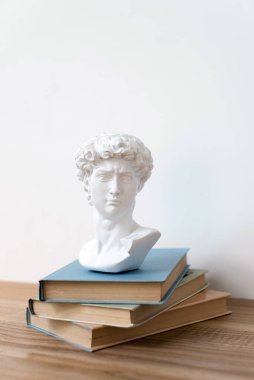 Gypsum statue of David's head on a bookshelf. Michelangelo's David statue plaster copy standing on books.Ancient greek sculpture, statue of hero on wooden table.Education concept, free space for text. clipart