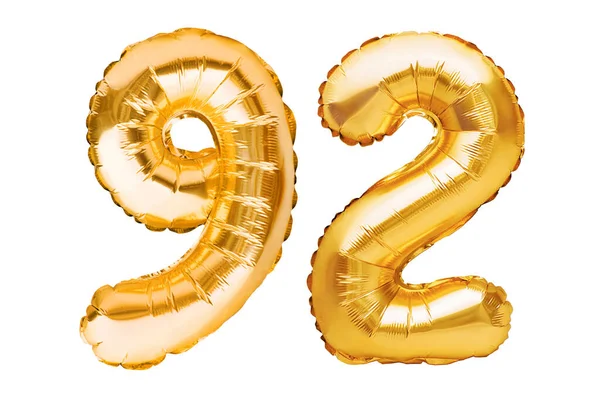 Číslo Devadesát Dva Zlatých Nafukovacích Balónků Izolovaných Bílém Heliové Balónky — Stock fotografie