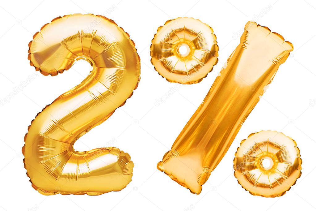 Number 2 two and percent sign made of golden helium inflatable balloons isolated on white. Gold foil numbers for use on web and advertising banners, posters, flyers. Discounts Black Friday concept.