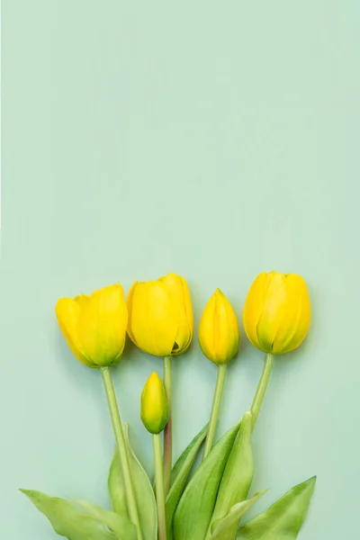 Sárga tulipán virágok csokor menta háttér. Lapos fekvés, csúcskilátás. Minimális virágkoncepció. Tavaszi virágok, virágos háttér copyspace — Stock Fotó